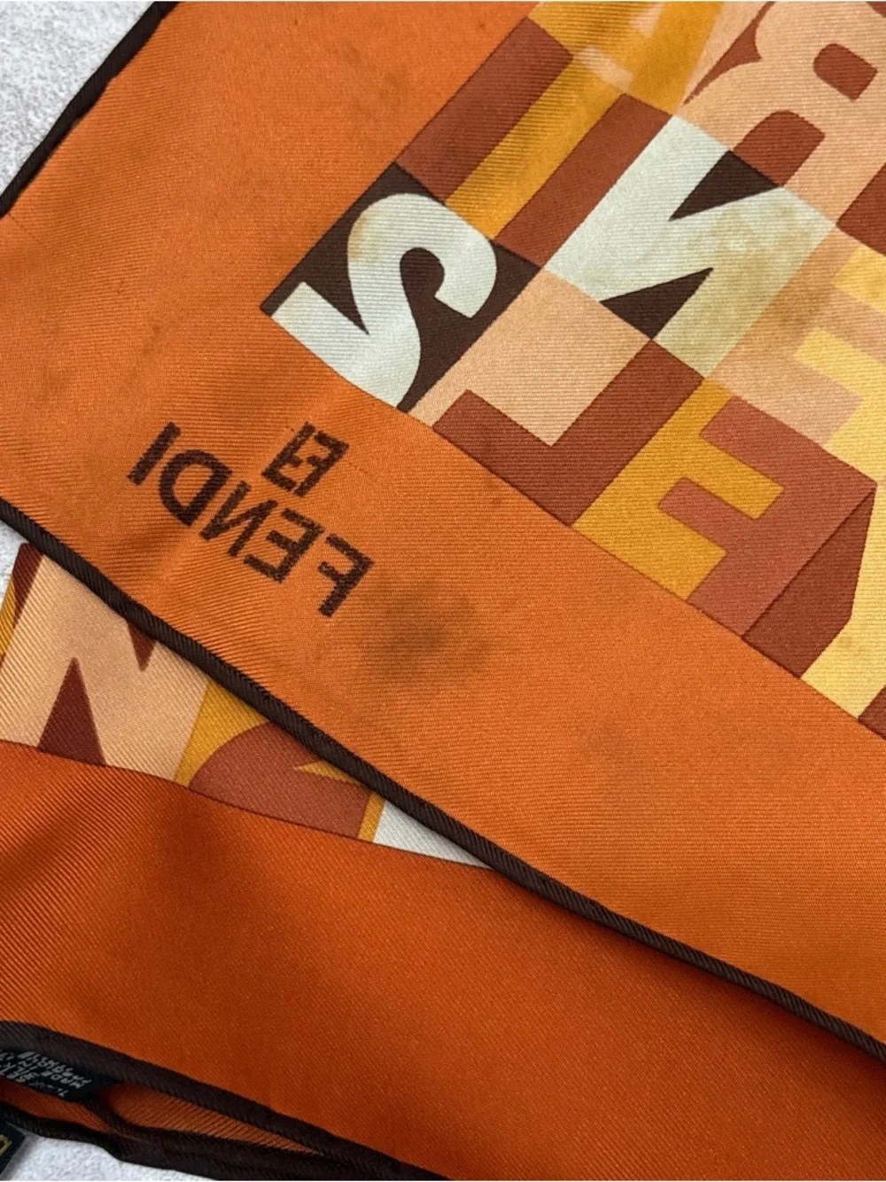 Fendi Multicolor Graphic Silk Scarf in Orange, Brown & Cream - Picture 8 of 12